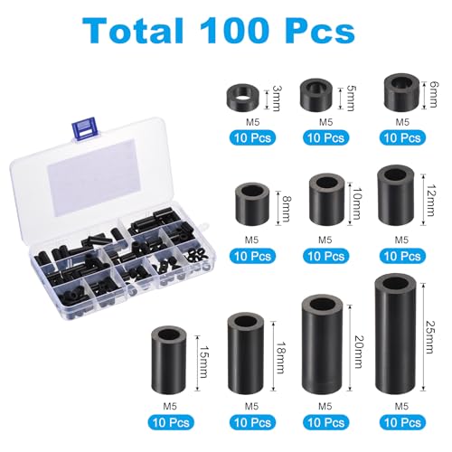 PATIKIL M5 Nylon Spacer Set, 100Pcs Non-Threaded ABS Round Spacer Standoff Assortment Electrical Outlet Spacers for PCB Motherboard, Circuit Board, Switch and Receptacle, Black - color: Black, size: M5