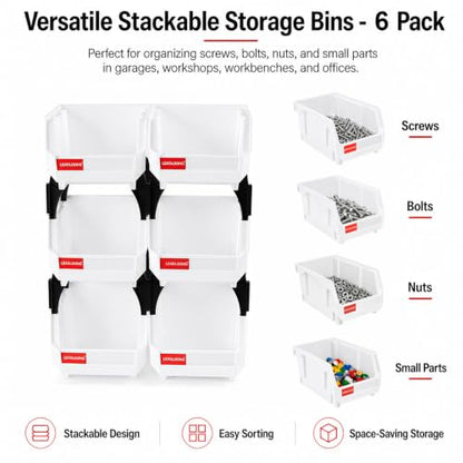 6 Pack Stackable Parts Bins, 5x4x3 in, Plastic Small Parts Organizer,White - color: White-6 Pack, size: 5"x4"x3"