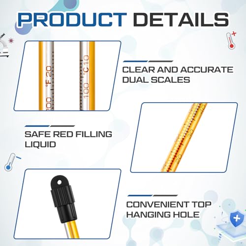 8 Pcs General Purpose Lab Thermometer, Glass, Total Immersion