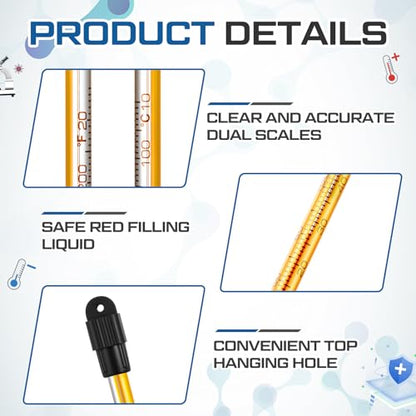 8 Pcs General Purpose Lab Thermometer, Glass, Total Immersion