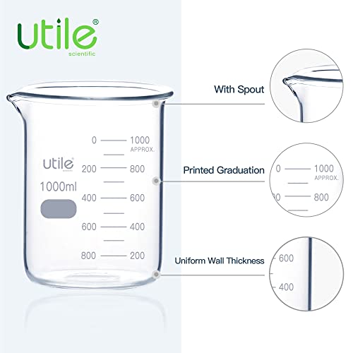 Utile 3pcs of 33.8oz(1000ml) Low Form Glass Beakers, Borosilicate 3.3 Glass with Printed Graduation, 4000.1000.3 - style: 3pcs of Vol.1000ml