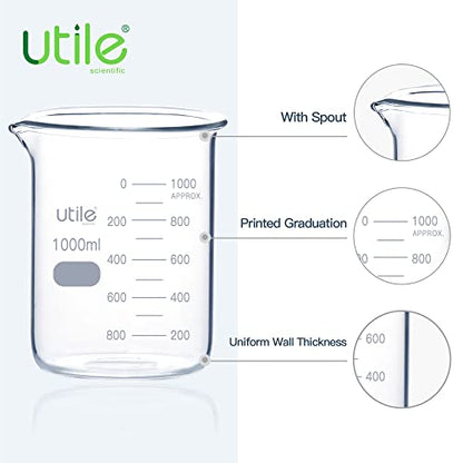 Utile 3pcs of 33.8oz(1000ml) Low Form Glass Beakers, Borosilicate 3.3 Glass with Printed Graduation, 4000.1000.3 - style: 3pcs of Vol.1000ml