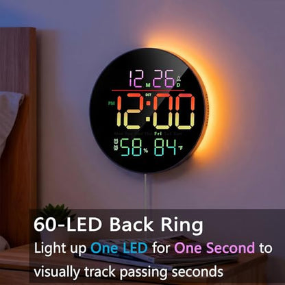10" Round Digital Wall Clock for Bedroom, 13-Color RGB Model Large LED Display Electric Clocks with Remote for Classroom Home Office Living Room Garage Gym (Adapter Included) - color: Rgb