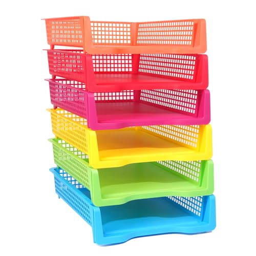 ZZYFGH 6 Pack Turn in Trays Classroom, Colorful Turn in Trays for Teachers, Plastic Classroom Paper Organizers, Stackable Tray for Classroom, Library, Drawers, Office Desk (13.4 * 9.5 * 2.7in) - color: Narrow Mouth Rectangular