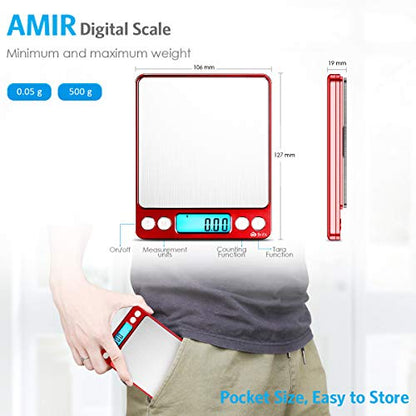 AMIR Upgraded Digital Kitchen Scale, 500g Mini Pocket Jewelry Scale, Cooking Food Scale with Back-Lit LCD Display, 2 Trays, 6 Units, Auto Off, Tare, Stainless Steel (Batteries Included) - color: Red