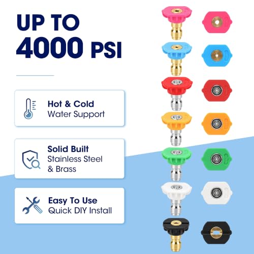 Pressure Washer Tips, Set of 7 Pressure Washer Nozzle Tips with Nozzle Holder, 1/4 Inch Quick Connect, 4000 PSI
