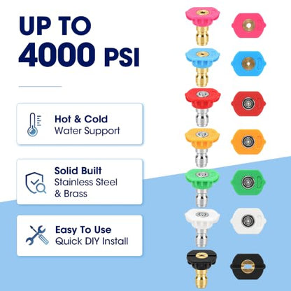 Pressure Washer Tips, Set of 7 Pressure Washer Nozzle Tips with Nozzle Holder, 1/4 Inch Quick Connect, 4000 PSI