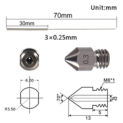 Aokin 3 Pcs 0.3mm Hardened Steel Nozzles MK8 Nozzles 3D Printer Nozzles and 3 Pcs 0.25mm Stainless Steel Nozzle Cleaning Needles for Creality Ender 3/3 Pro/3 V2, Ender 5/5 Pro, CR-10/10S, Makerbot - color: 0.3mm