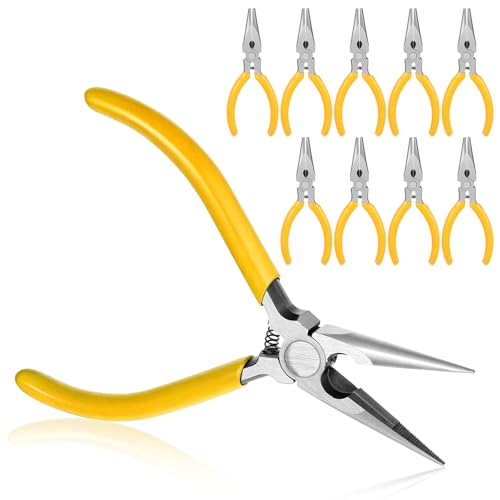 10 Pack 5" Needle Nose Pliers, Long Nose Pliers Set with Side Cutter, Mini Fine Needle Nose Pliers with Serrated Jaw, Precision Small Needle Nose Plier for Jewelry Making/Electronics/Craft - color: Yellow