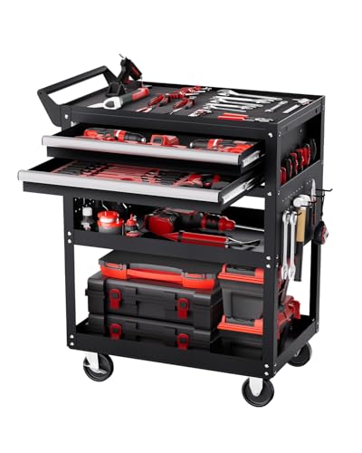 VEVOR 5-Tier Tool Cart with Wheels, 400 lbs Load Capacity, Rolling Work Cart with 2 Drawers & Pegboard, Mechanic Tool Storage Organizer with Locking System for Garage, Warehouse and Repair Shop, Black