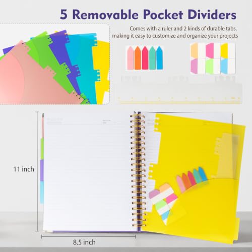 Hardcover Spiral Notebook Journal with Removable Dividers Tabs & Ruler, 300 Pages 5 Subject Notebook College Ruled, A5 Lined Journal for Women & Men, Notebooks for Work, School & Note Taking,Purple - color: Purple, size: 6"x8"