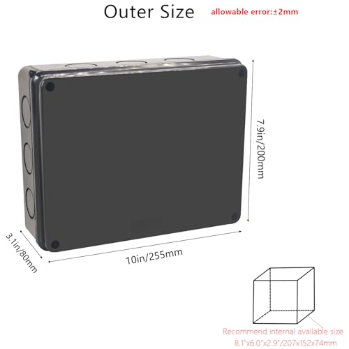 Outdoor Waterproof Box,Junction Box Reserved Holes IP65 ABS Plastic Electrical Boxes Power Cord Enclosure Project Box Black Outer Size 10 x 7.9 x 3.1 inch(255x200x80mm) - size: 10" x 7.9" x 3.1"