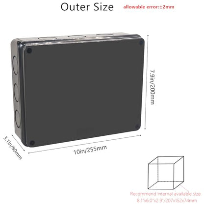 Outdoor Waterproof Box,Junction Box Reserved Holes IP65 ABS Plastic Electrical Boxes Power Cord Enclosure Project Box Black Outer Size 10 x 7.9 x 3.1 inch(255x200x80mm) - size: 10" x 7.9" x 3.1"