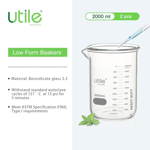 Utile 2000ml Beaker Set, 2pcs of 67.6oz Upgraded Thickening Glass Beakers, Low Form Chemical Lab Beakers, Borosilicate 3.3 Glass with Printed Graduation, 4000.2000.2 - style: 2pcs of Vol.2000ml