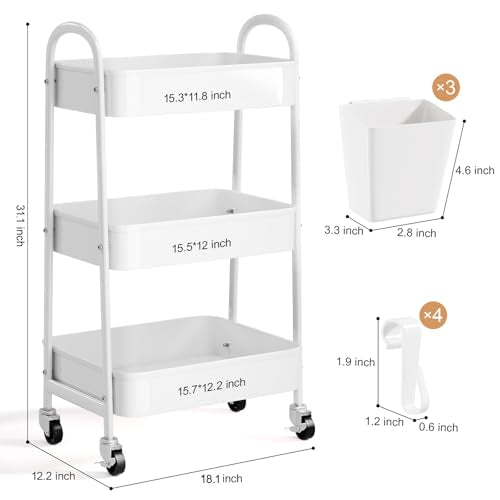 3 Tier Heavy Duty White Metal Rolling Cart with Lockable Wheels, Baby Carts - color: Simple White, size: 3 tier