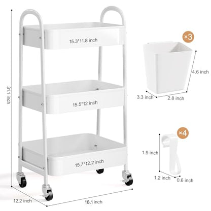 3 Tier Heavy Duty White Metal Rolling Cart with Lockable Wheels, Baby Carts - color: Simple White, size: 3 tier
