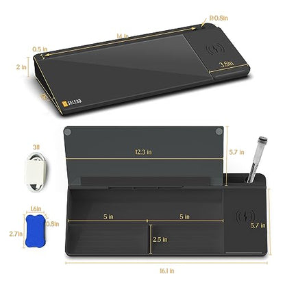 SELEAD Desktop Glass Whiteboard with Wireless Charger and Storage, Black - color: Black, size: 16"x7"