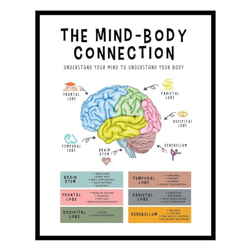 Mind Body Connection Brain Poster, Classroom Signs for School Counselor Office, Therapy Office & Psychology Classroom Decor, Human Brain Anatomy Wall Art, Stress Management Chart, Framed 8x10 - color: Framed, size: 10"L x 8"W