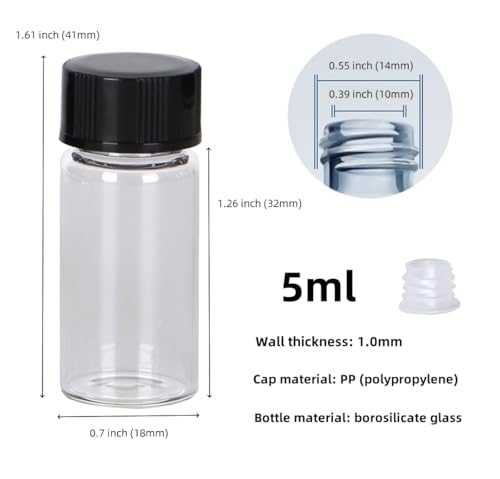 14Pcs 5ml Clear Glass Sample Vials, Liquid Sampling Sample, Screw Caps Small Glass Bottle, With Plastic Stoppers, Leak-Proof Vial, For laboratory, Essential Oil, Perfume, Reagents - style: 5ml 14Pcs