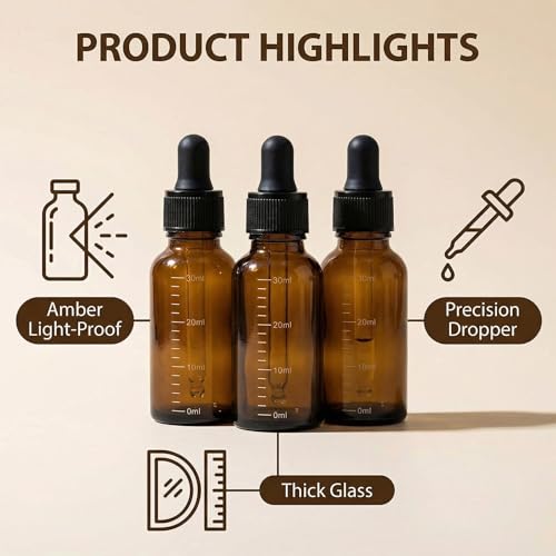 ericotry 3 Pcs 30ml 1oz Empty Refillable Amber Glass Graduated Dropper Bottle Essential Oil Cosmetics Elite Fluid Container Jar Pot Holder with Glass Pipette Dropper - size: 30 ml