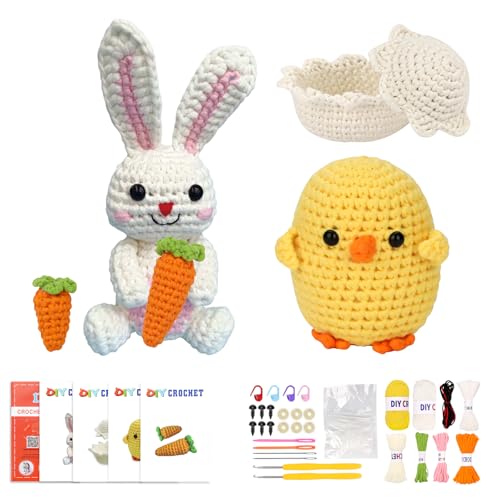 wokdsbl Crochet Kit for Beginners with Upgraded Premium Custom Yarn and Step-by-Step Video Tutorials, Ideal DIY Craft Gift, Crochet Animal Kits for Easter Egg Fillers (Bunny & Chick)