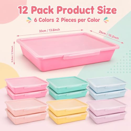 12 Pcs Letter Size Flat Storage Tray with Latching Lid (Pastel) - color: Pastel
