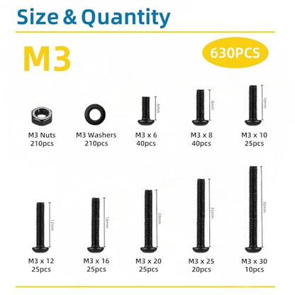 630 Pcs M3 Screws Assortment Kit, M3x6mm/8mm/10mm/12mm/16mm/20mm/25mm/30mm, Metric Hex Button Head Socket Cap Screws Nuts Washers Kit with Wrench, Black Zinc Plated - style: M3 630Pcs 6mm-30mm
