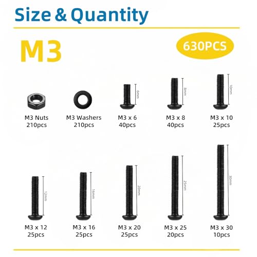 630 Pcs M3 Screws Assortment Kit, M3x6mm/8mm/10mm/12mm/16mm/20mm/25mm/30mm, Metric Hex Button Head Socket Cap Screws Nuts Washers Kit with Wrench, Black Zinc Plated - style: M3 630Pcs 6mm-30mm