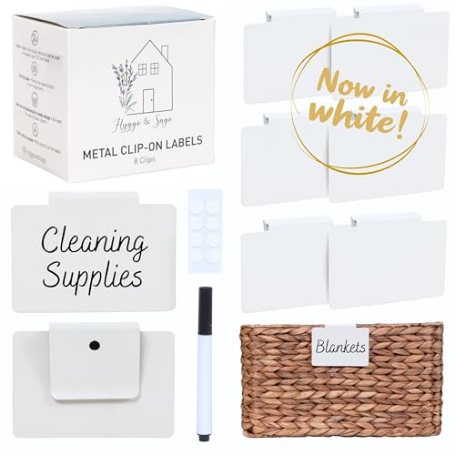 Hygge & Sage: Metal Non-Slip Basket Labels Clip On for Storage Bins, or Wire Racks | Includes 8 Labels, 8 Non-Slip Pads, and 1 Free Marker (White) - color: White