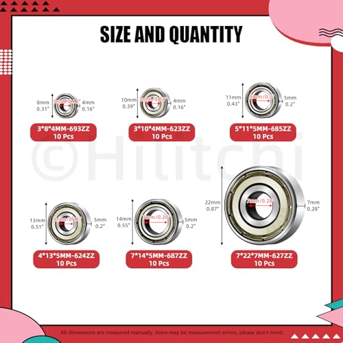 Hilitchi 60PCS 6 Sizes Deep Groove Ball Bearings Assortment Kits 4MM 5MM 7MM Double Shield Deep Groove Bearings Double Shield Carbon Steel Bearings for VORON Printer(Silver)
