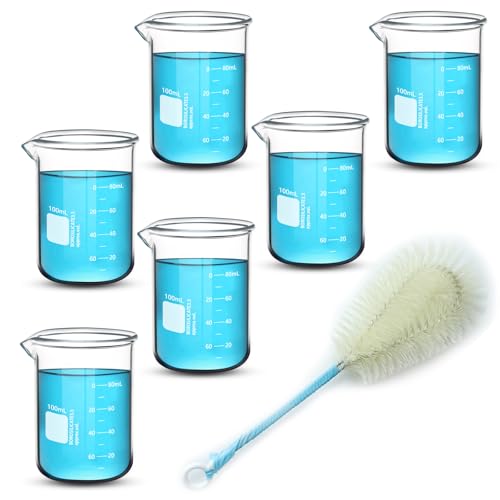 6PCS 100ml Glass Beakers Heavy Duty Beakers, White Double Scale Graduation, Borosilicate 3.3 Glass Lab Beaker, Low Form Griffin Measuring Beaker (6, 100ML) - size: 100ML