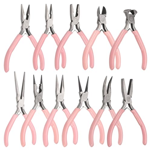 HARFINGTON 11pcs Jewelry Pliers Kits Jewelry Making Pliers Tool Needle/Round/End Cutter/Bent/Long/Flat Nose Pliers Wire Cutter & Diagonal Cutter for Beading Tool Hobby Craft, Pink