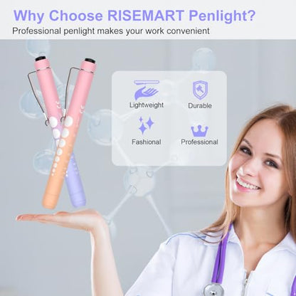 RISEMART 2 Pack Pen Lights for Nurses, Reusable Medical Light with Pupil Gauge and Ruler, White Light LED Penlight for Student Doctors - color: Pink+Purple