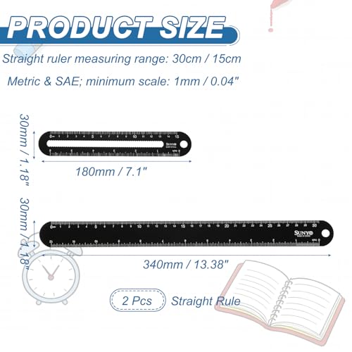 HARFINGTON 2pcs Metal Straight Ruler 12"+6" Metric SAE Black - color: Black