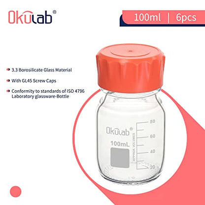 6pcs of 100ml(3.4oz) Round Media Storage Bottles, 3.3 Borosilicate Glass, with GL45 Screw Caps in PP Materia, GL45RB100A6 - style: 6pcs of 100ml