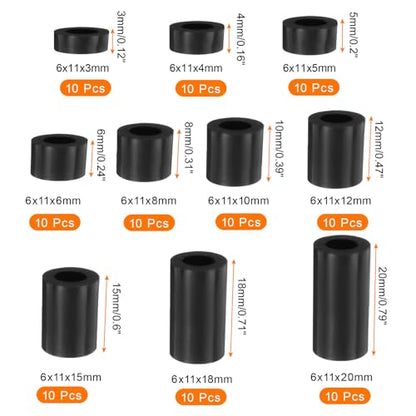 PATIKIL M6 Nylon Spacers, 100Pcs Plastic Spacer Assortment 6mm ID x 11mm OD Spacer Screw Standoff Round Electrical Outlet Spacers for 1/4in Screw Bolts Hardware Receptacle, Black