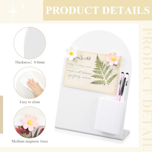 Redbaker 2 Pcs Magnetic Bulletin Board for Tabletops with 8 Flower Magnets 2 Magnetic Pen Holder 2 Pen 10 x 7 Inch Memo Display Easel Stand for Home Office School Kitchen Table Supplies (White) - color: White