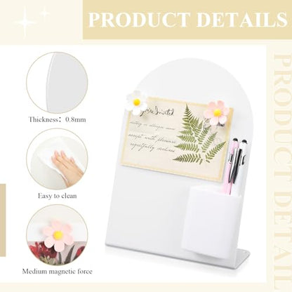 Redbaker 2 Pcs Magnetic Bulletin Board for Tabletops with 8 Flower Magnets 2 Magnetic Pen Holder 2 Pen 10 x 7 Inch Memo Display Easel Stand for Home Office School Kitchen Table Supplies (White) - color: White