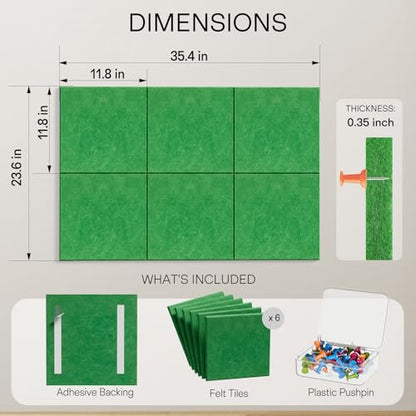 MaxGear Felt Bulletin Board 36" x 24", 6 Pack Emerald Green Felt Wall Tiles - color: Emerald Green, size: 36" x 24"