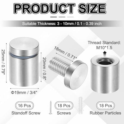 PATIKIL 3/4x1" Standoff Screws, 16 Pack Stainless Steel Stand Off Wall Mounts Wall Sign Mounting Hardware Advertising Standoff Nail for Hanging Acrylic Signs Picture Frame, Silver - size: 3/4x1"