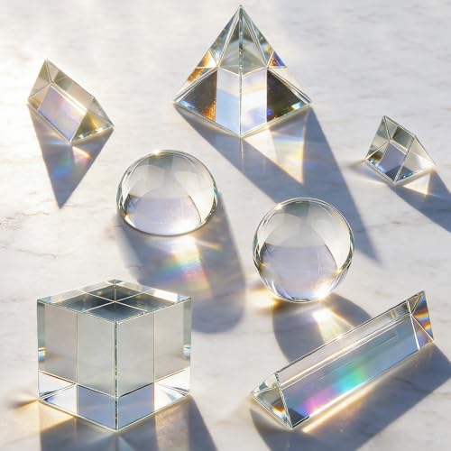 7 Pack K9 Optical Crystal Photography Prism Set, Include 1-4in Triangular Prism, 2in Crystal Glass Prism Cube, 2in Crystal Ball, 2in Dome Magnifier, Light Prism for Physics Teaching Photography Play
