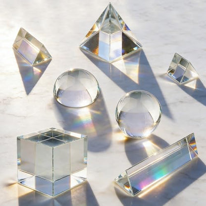 7 Pack K9 Optical Crystal Photography Prism Set, Include 1-4in Triangular Prism, 2in Crystal Glass Prism Cube, 2in Crystal Ball, 2in Dome Magnifier, Light Prism for Physics Teaching Photography Play
