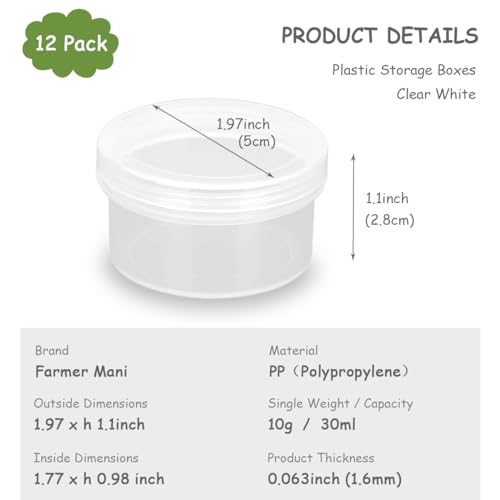 12 Pack 1.01 oz Round Plastic Containers (1.97 x H1.1 inch), Round Transparent Plastic Bead Jar with Lids for Beads, Coins, Safety Pins and Other Craft Jewelry - size: 30 ml (1.97" x 1.1")