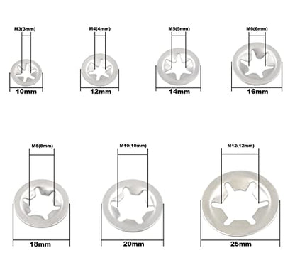 300PCS Metric M3 M4 M5 M6 M8 M10 M12 Stainless Steel Internal Tooth Starlock Washers Assortment Kit;External Push Rings; Push On Washers;Push Nuts for Unthreaded Shafts
