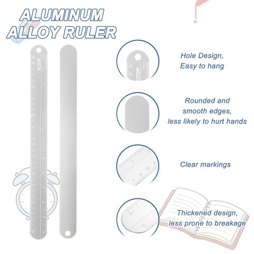 HARFINGTON 2pcs Metal Straight Ruler 12"+6" Metric SAE Silver White - color: Silver White