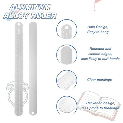 HARFINGTON 2pcs Metal Straight Ruler 12"+6" Metric SAE Silver White - color: Silver White