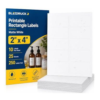 25 Sheets 2" x 4" Matte White Waterproof Printable Rectangle Bottle Labels - size: 10up-25 sheets