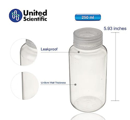 United Scientific™ Sample Bottles with Lids, Polypropylene, 250ml, 24-Pack - size: 8 oz (Pack of 24)