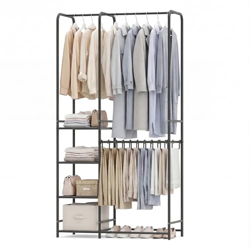 GIANTEX Clothes Rack with Pants Hangers, Heavy-Duty Metal Clothing Rack with 2 Hanging Rods & 4 Storage Shelves, Freestanding Garment Racks, Closet Organizer for Bedroom, Cloakroom (Black) - color: Black