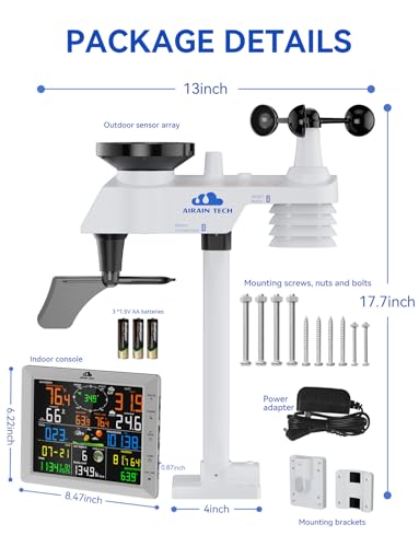 Wireless Weather Station with Outdoor Sensor, Rain Gauge, Wind Speed, Direction, Temperature & Humidity, Moon Phase, Chill Index, Dew Point, and Barometric Pressure (No WiFi).